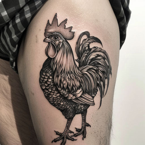 Monochromatic rooster tattoo on white background