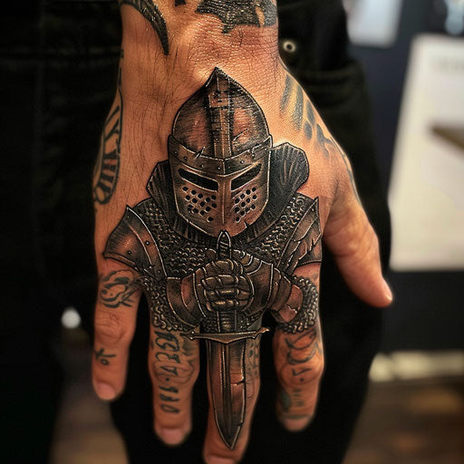 Small knight tattoos, in the style of Glenn Fabry