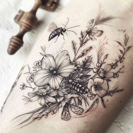 Intricate tattoos: detailed insects and plants
