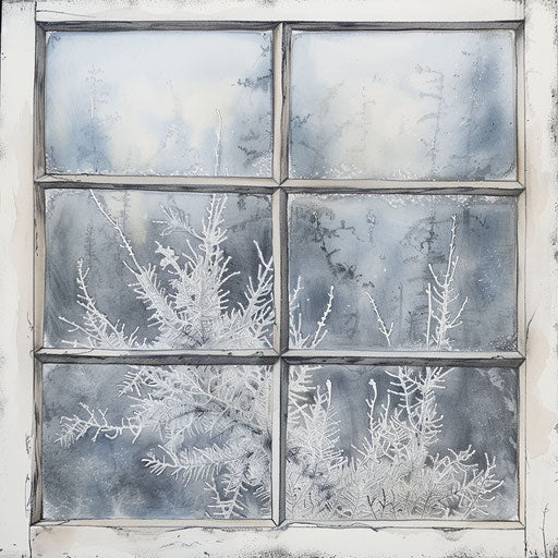 Flat tattoo sketch of a micro realism frosted window pane with delicate ice crystals
