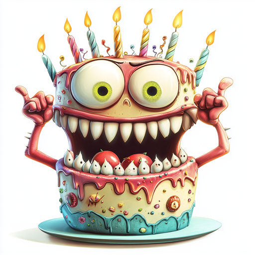 Humorous caricature of a birthday cake with human characteristics