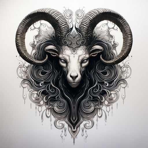 Ram's head in black and white, nightmarish visions style