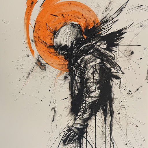 Contemporary sketch of the angel of death with abstract brush strokes, in black and rust orange