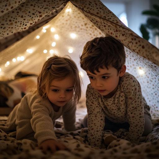 Young siblings in fleece pajamas, building a fort in the living room, fairy lights twinkling above them.