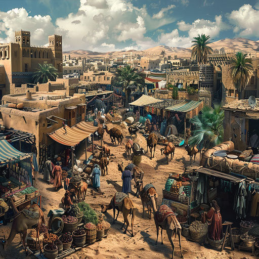 Vibrant desert market with gazelles