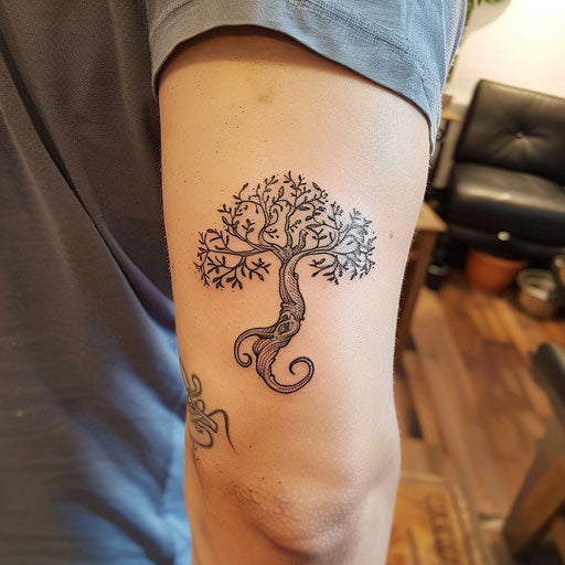 Bicep tattoo of an Elvish tree, in the style of Peter Jackson