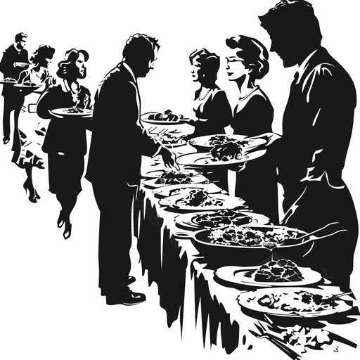 Potluck buffet in black and white clipart style