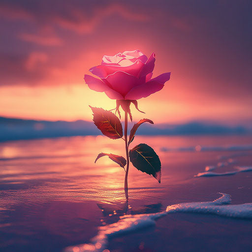 Pink rose glowing on beach at sunset