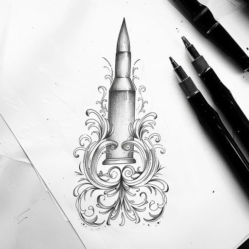 Stylish flat tattoo sketch of a bullet with art nouveau swirls and elegant decorations