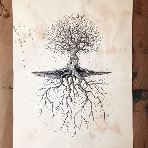 Energetic flat tattoo sketch of dynamic roots breaking through the soil