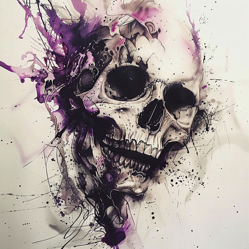 Abstract skull with fluid art and splatter effects on white canvas