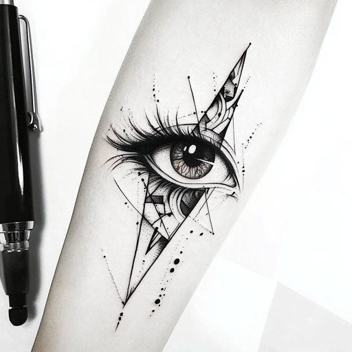Beautiful flat tattoo sketch of eye tattoo with tribal patterns on arm