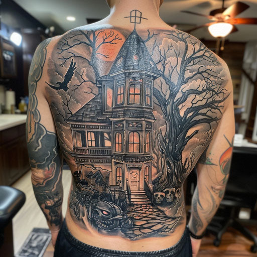 Lower back tattoo of a haunted house
