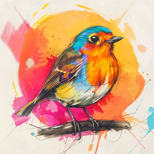 Dynamic flat tattoo sketch of a robin against a backdrop of bright sunrise colors