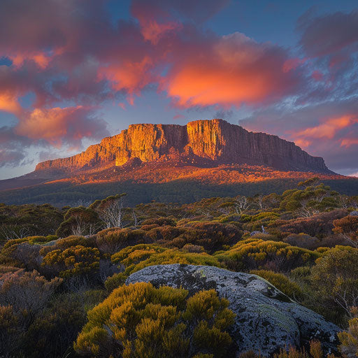 Mount Wellington, Tasmania illuminated by golden hour light, in the style of Kevin McNeal