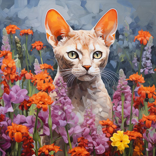 Devon Rex cat in a field of flowers