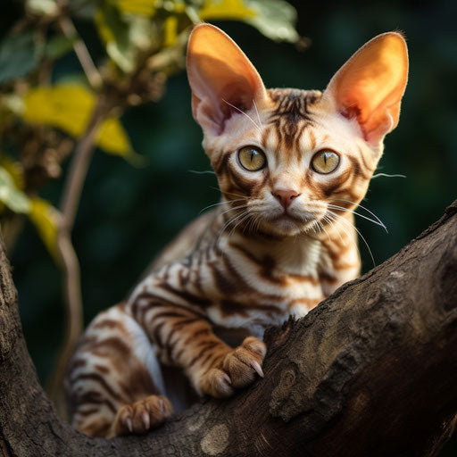 Devon Rex cat lying on a tree branch