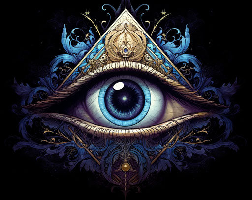 All-seeing eye in blue, floralpunk style, ornate playful design
