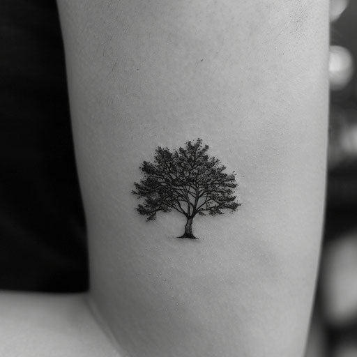 Minimalist tattoo of a small tree in black ink