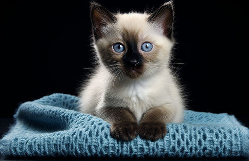 Siamese kitten sitting on a white blanket
