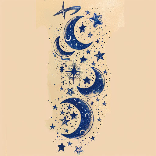 Celestial flat tattoo sketch for 13 tattoo featuring stars and moons in midnight blue and silver