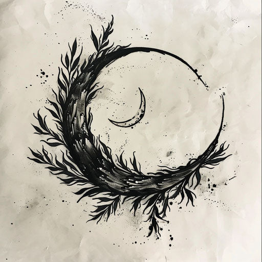 Bold and dark flat tattoo sketch with a sage wreath encircling a moon phase