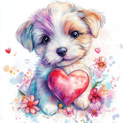 Cute Valentine's Day clipart, puppy with heart and flowers