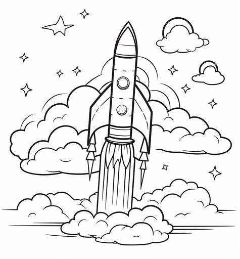 Rocket ship coloring page space rockets light sky-blue dark emerald yellow red ambient occlusion