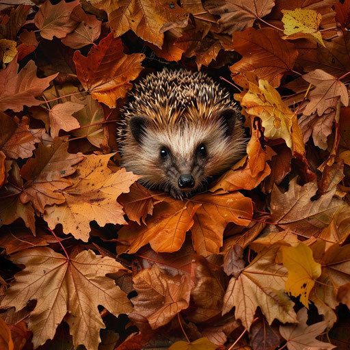 A hedgehog camouflaged in a pile of rustling leaves