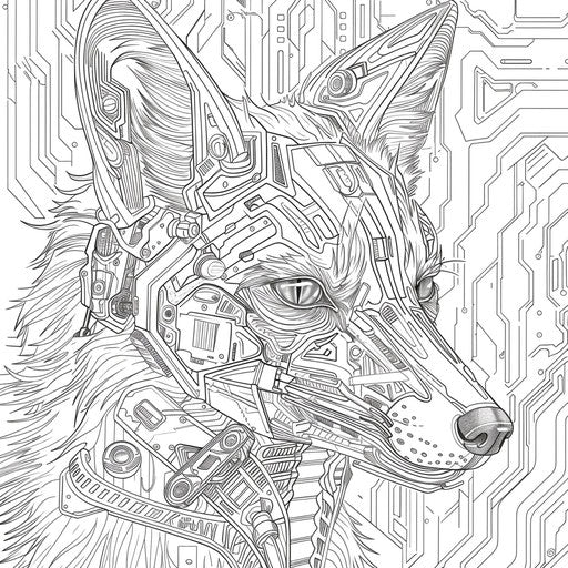 Futuristic fox with robotic elements in the style of a Hideo Kojima coloring book page