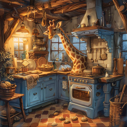 A cozy cottage where a giraffe is baking cookies in the kitchen