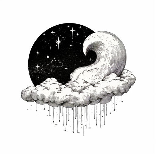 Cloud and moon illustration, black and white, poetic