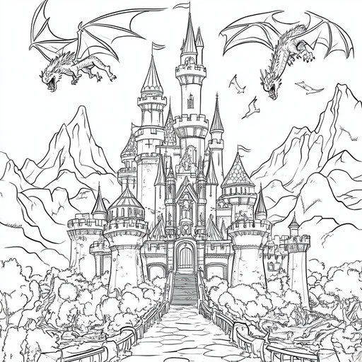 Epic princess castle with knights and dragons, in the style of Mark Schultz, Coloring book page