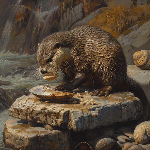 Otter expertly cracks shellfish on stone table