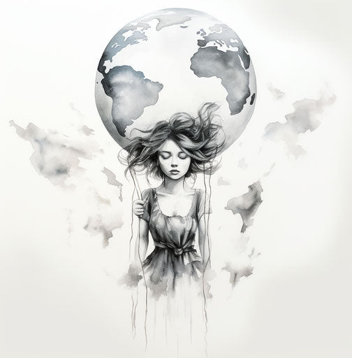 Beautiful me in the air, minimalistic drawings, travel, dark silver and white