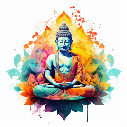 Colorful watercolor drawing of Buddha in meditation posture as a flower