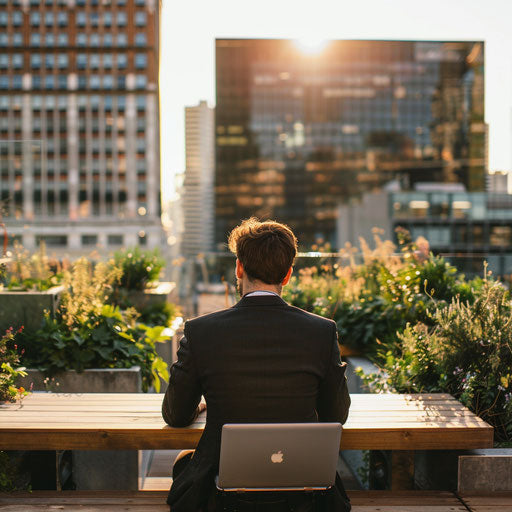 Businessman on rooftop garden, breaking traditional mold