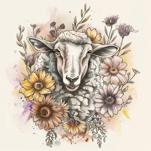 Elegant flat tattoo sketch with watercolor effects of a sheep among spring flowers