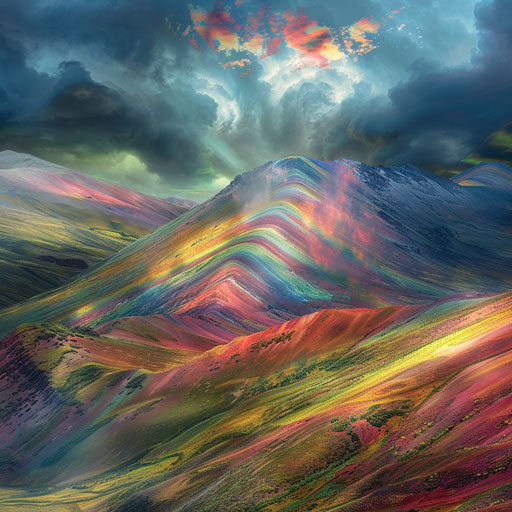 Rainbow Mountain, Peru with dramatic clouds and vivid hues