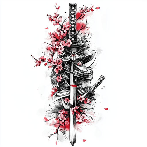 Japanese samurai with cherry blossoms, tattoo sketch