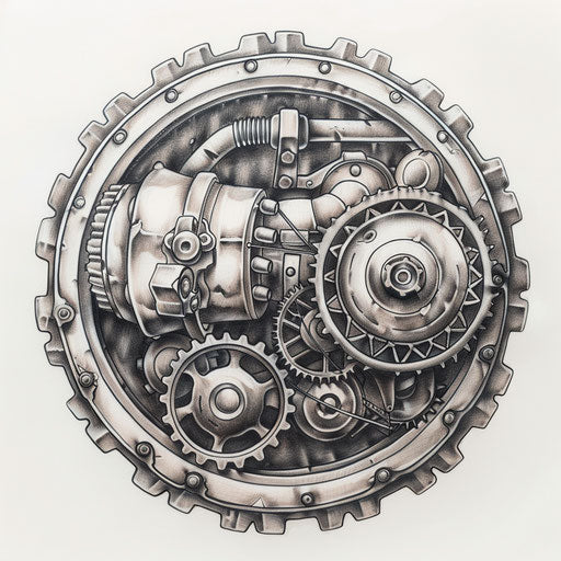 Detailed mechanical gear and piston tattoo design on white background
