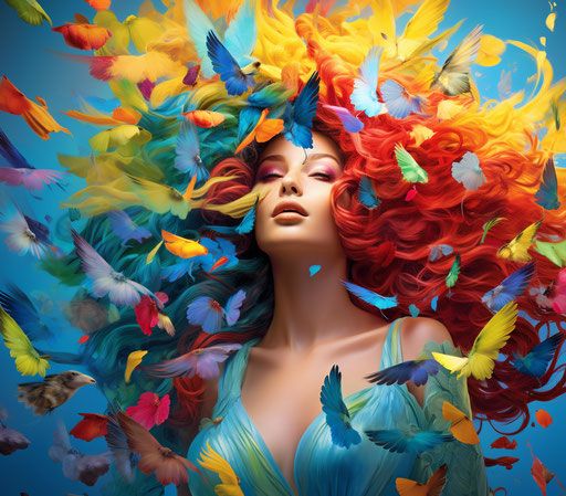 Colorful woman with wings and hair wallpaper