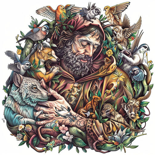 Colorful tattoo of Saint Francis of Assisi surrounded by animals