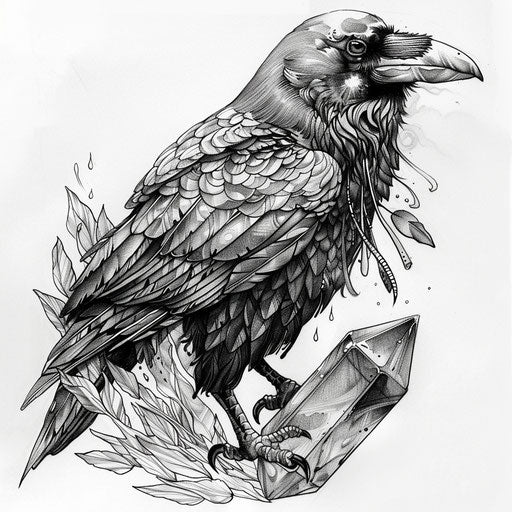 Tattoo sketch of a mystical raven with a crystal, dark tones and intricate details