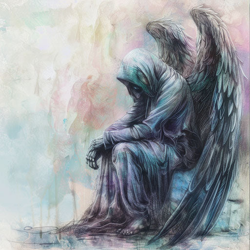 Artistic tattoo sketch of the angel of death in a serene pose