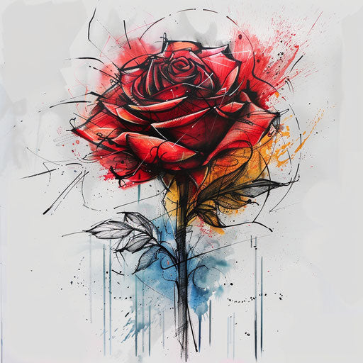 Expressive tattoo sketch of a red rose with abstract expressionist splashes and vibrant hues