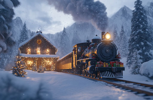 Vintage steam train in snowy Christmas landscape