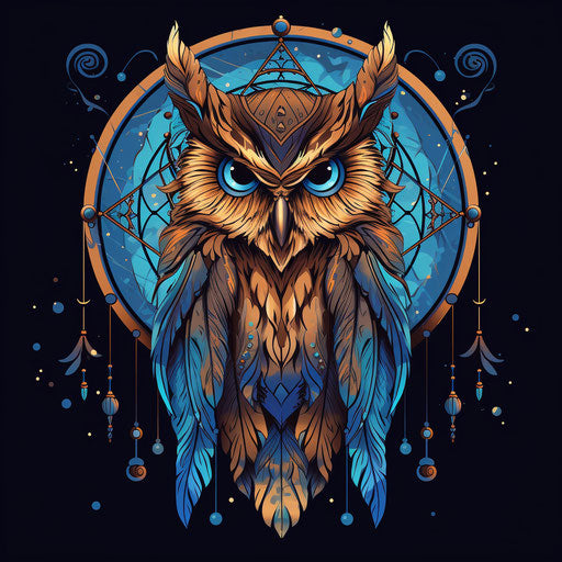 An owl in a dream catcher, free-flowing lines style, exotic, mosaic-like, engraved ornaments, subtle, raw, powerful, symbolic nabis