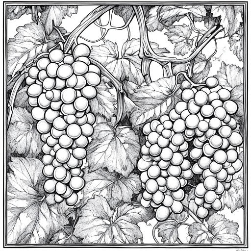 Grapes in a detailed vineyard scene in the style of Gennady Spirin Coloring book page