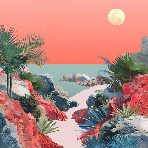 Realistic landscape clipart on flat vibrant coral background